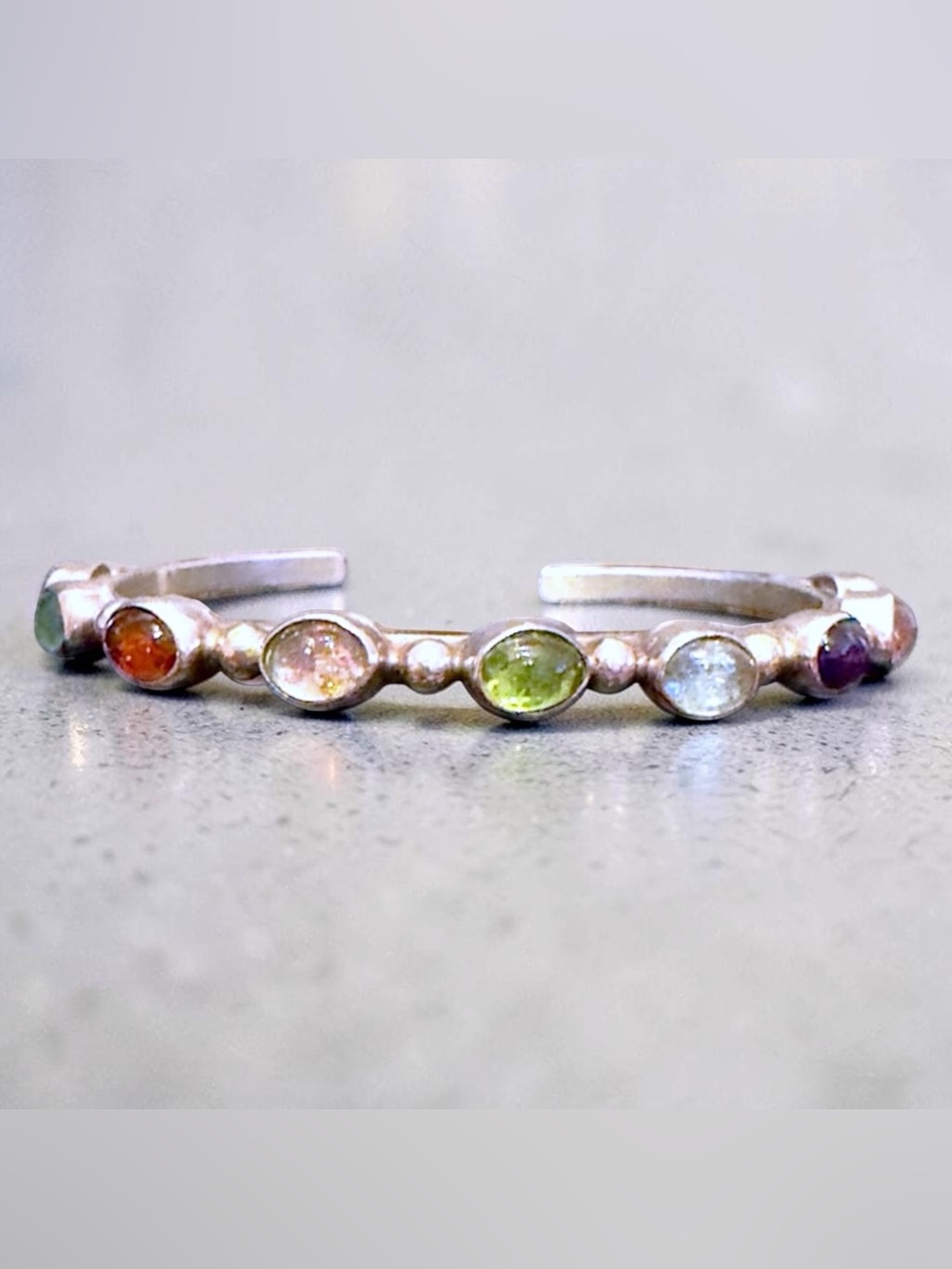Vintage Designer Signed Colorful Gemstone Sterling Silver Cuff Bracelet